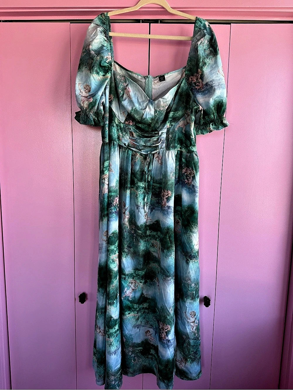 SHEIN Curve Green Renaissance Cherub Print Corset Slit Maxi Dress 2XL